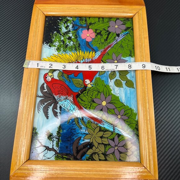 VTG Brazil Wood Glass Serving Tray Hand-Painted Parrot Scene Tropical Iridescent - Picture 10 of 11